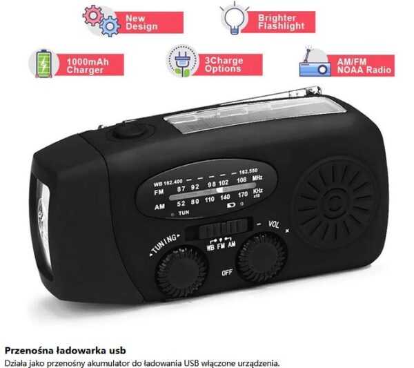 Radio dynamo, panel słoneczny, ładowarka USB, latarka - obrazek 5